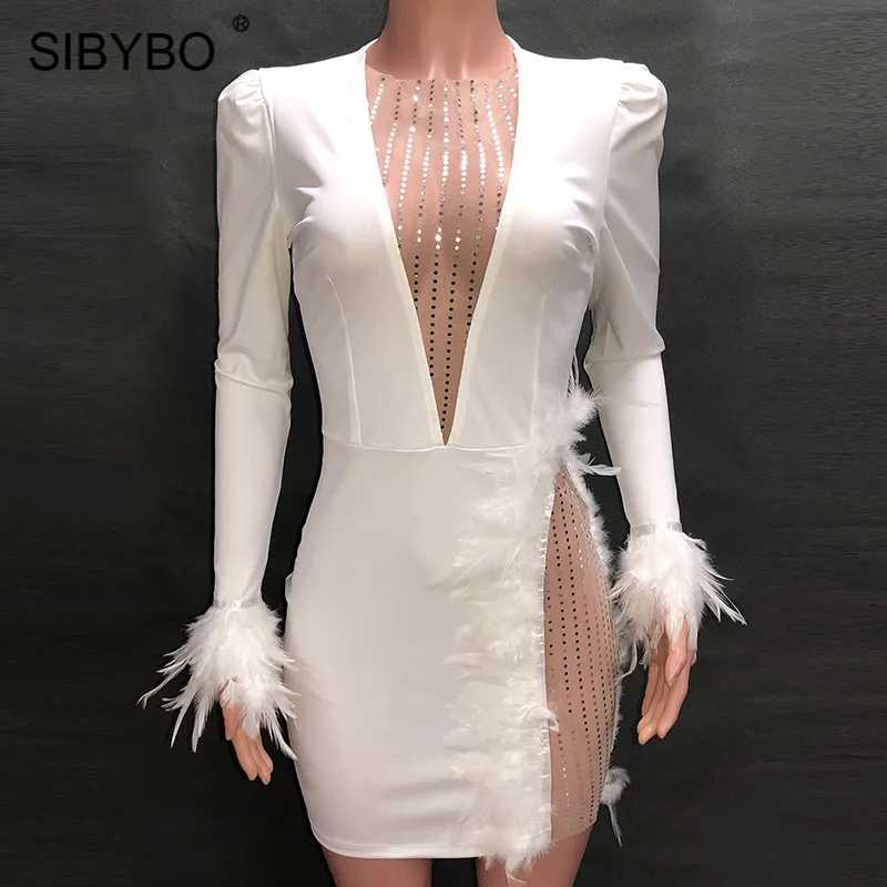 SIBYBO, блестки, сетка, сплайсированные, сексуальное женское платье, длинный рукав, глубокий v-образный вырез, перо, мини, летнее платье, прозрачное, для ночного клуба, платья для вечеринок