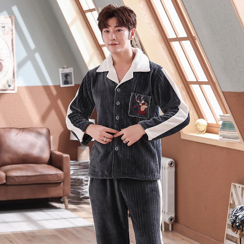 

Zm129 2019 New Style Winter Pajamas Men Flannel Cardigan Thick Warm Tracksuit Coral Velvet Set