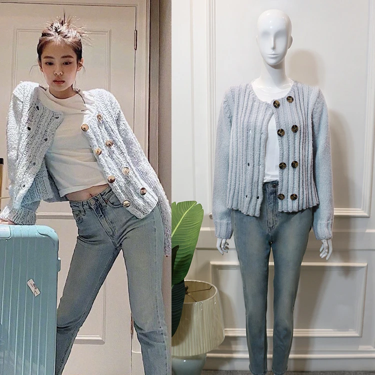 Kpop韓国有名人水色長袖ニットカーディガンのセーターのコートと白のショートtシャツ スリムジーンズ女性スーツ Women S Sets Aliexpress Kpop韓国有名人水色長袖ニットカーディガンのセーターのコートと白のショートtシャツ スリムジーンズ女性スーツ Women S Sets Aliexpress