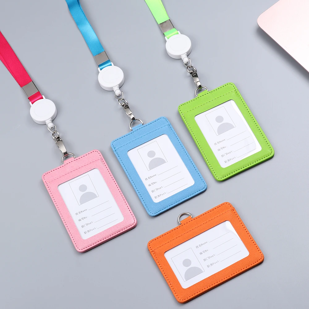 

PU Leather Lanyard Work Card Holder Retractable Badge ID Card Cover School Name Holder Horizontal Credit Card Protective Shell