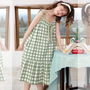 

2020 Fxfurs Black Plaid Nightgowns Red Bow Spaghetti Strap Night Dress Cotton Sleepwear Sexy Nightwear Pijama For Women