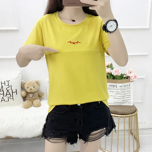 2884 Yellow 9007# летняя футболка для кормящих мам, футболки для грудного вскармливания, Одежда для беременных женщин, хлопковая Футболка для беременных с мультяшным принтом, топы - Цвет: 2884 Yellow