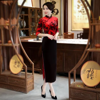 

Velour Bigsize 3XL 4XL Cheongsam Female Elegant Black Formal Party Dress Sexy Slim Qipao Winter New Mandarin Collar Vestidos
