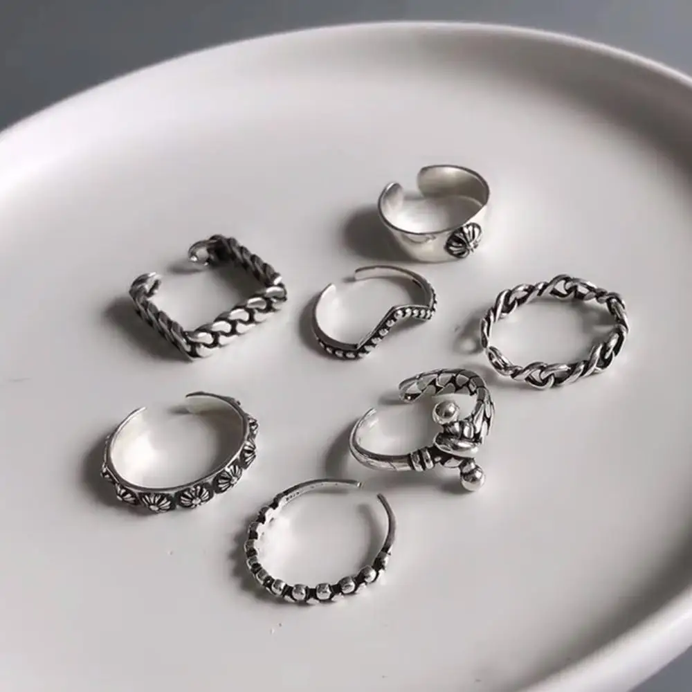 

Adjustable Open Ring S925 Sterling Silver Unisex Ring Cross Flower Retro Chain Geometric V-shaped Twist Ring Fine Female Jewelry