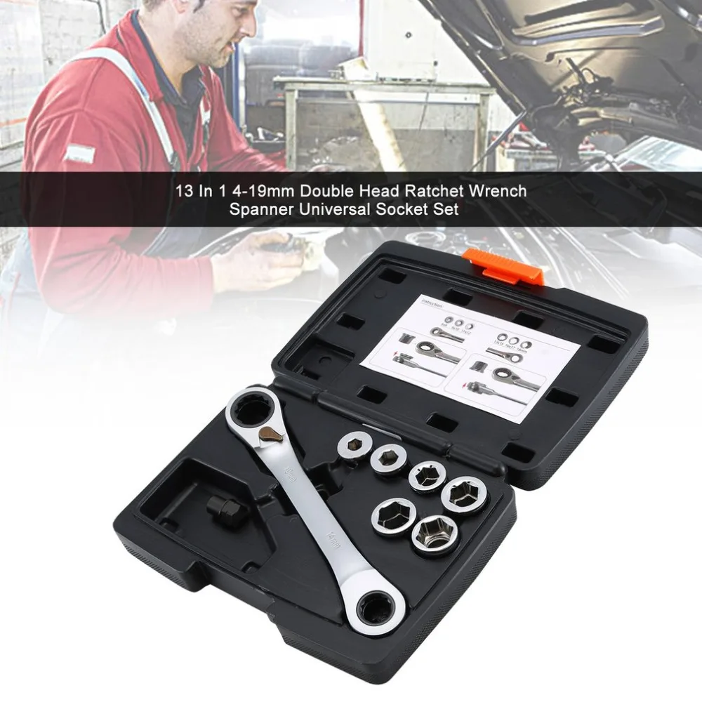 13 In 1 14/19mm Double Head Reversible Ratchet Wrench Universal Combination Spanner Socket Set 4-19mm