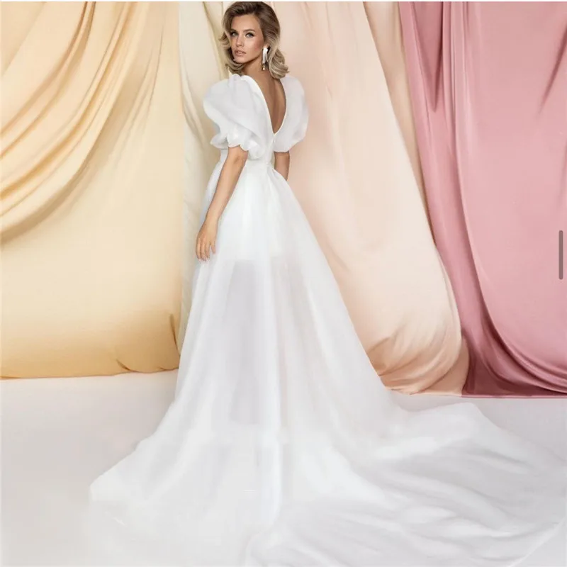 Simple Tulle Detachable Short Skirt Wedding Dress Elegant V-Neck A-Line Short Puffy Sleeves Open Back Bridal Gown Customized 4