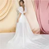 Simple Tulle Detachable Short Skirt Wedding Dress Elegant V-Neck A-Line Short Puffy Sleeves Open Back Bridal Gown Customized 4