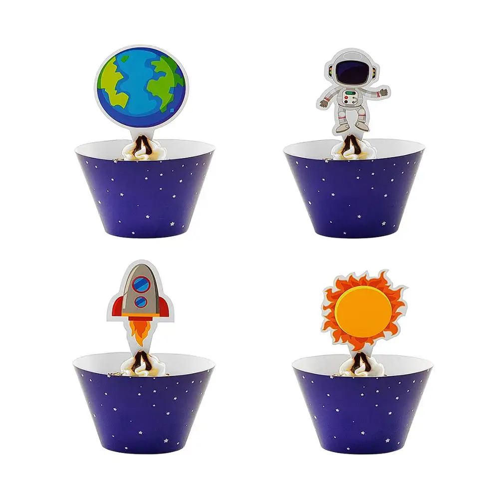 12sets Cupcake Deco Для детей астронавт космический корабль солнечные космические вечерние принадлежности Посуда баннер тарелка чашка соломенная скатерть обертка для кексов и т. Д - Цвет: 12sets Cupcake Deco