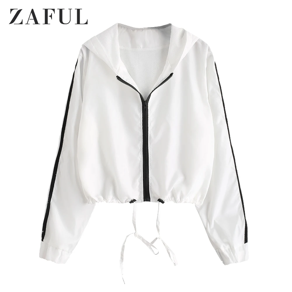 

ZAFUL Women Coats Hooded Jackets 2020 Spring Autumn Side Striped Causal Windbreaker Ladies Zipper Jacket Famale with Mesh Lining