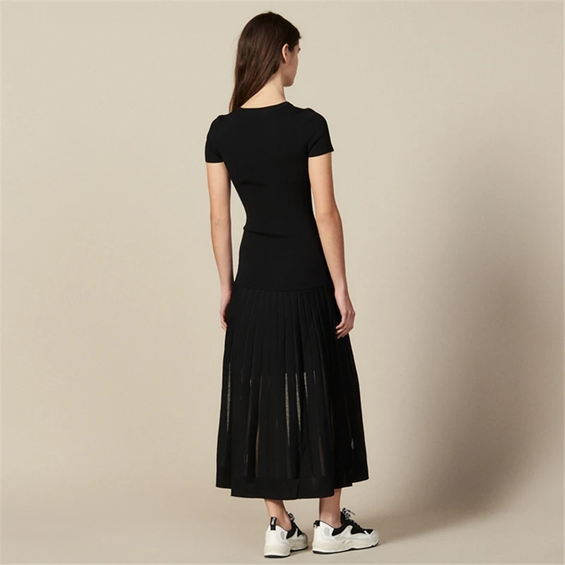 Tunjuefs Slim Fit Черное Трикотажное Платье женское Vestido однотонное элегантное облегающее платье прозрачные пуловеры с подолом короткий рукав повседневное