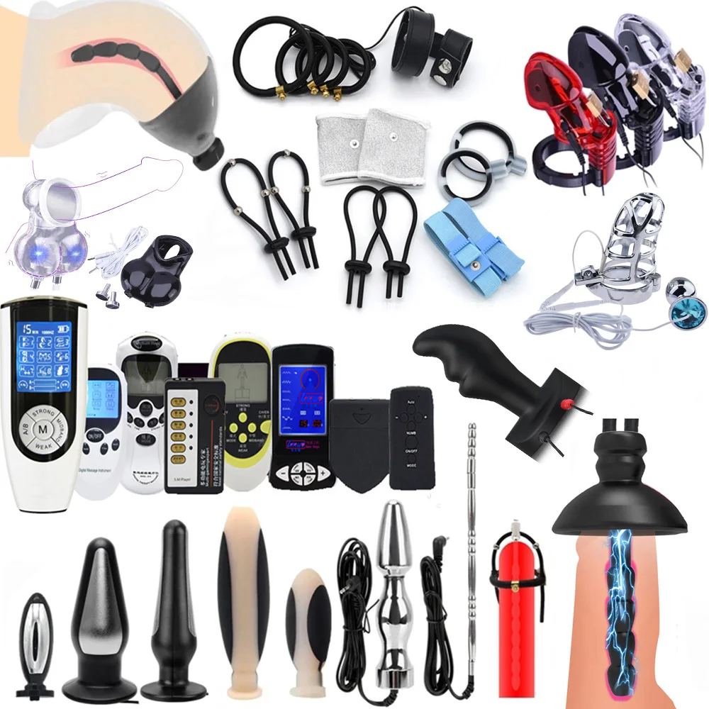 Electro Sex Toys Electric Sex Toys SM Player Electric Shock Accessories Electric Stimulate Anal Vagina Plug Penis Ring Cock Cage Glans Cap Scrotum Sleeve Bdsm Toys