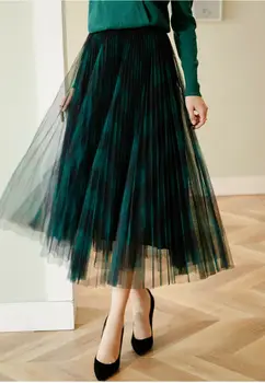 

Mesh Tutu Tulle Skirts Womens 2020 Elegant A Line High Waist Pleated Long Skirt Female Checked Mesh skirt Lady Fashionable Dress
