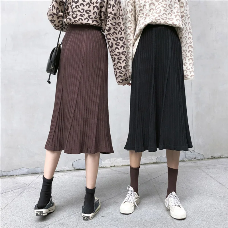 Winter Women Midi Skirts Korean Casual Ladies Solid Knitted Knit Thick A-line Flare High Waist Sweater Skirt Women