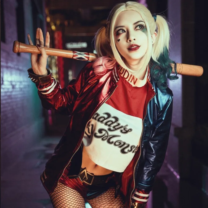Suicide Squad Harley Quinn Cosplay Kostüm T-Shirt & Handschuh Hotpants Jacke 
