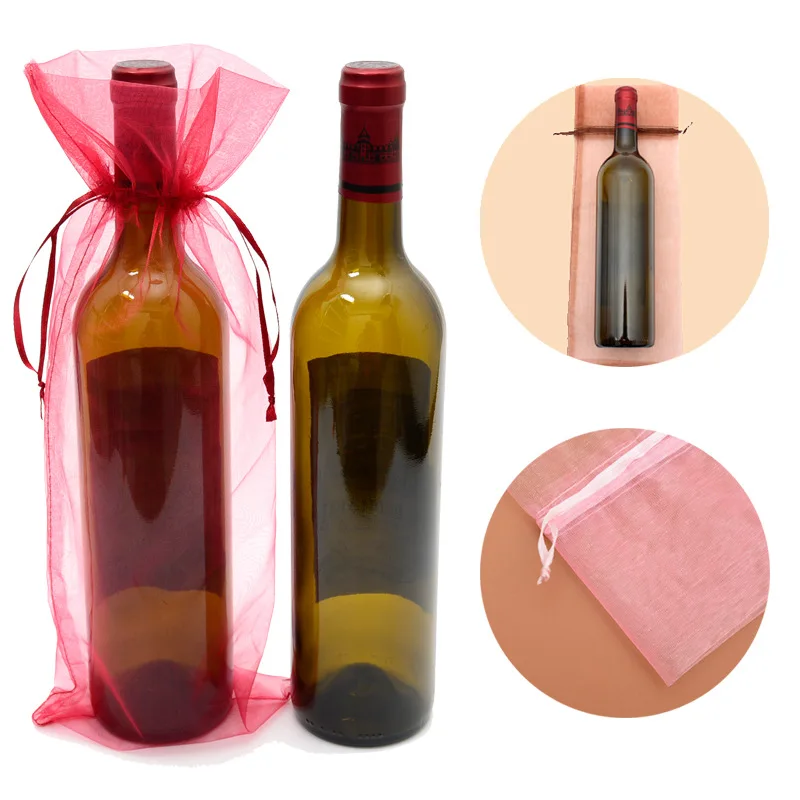 50pcs/lot Wholesale 15x38cm Drawstring Organza Bags Wine Bottle Holder Pouches Christmas Wedding Party Gift Wrapping Supplies