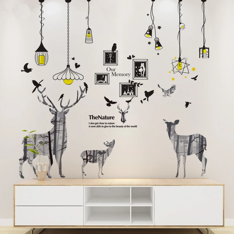 [SHIJUEHEZI] Forest Deer Birds Wall Stickers Vinyl DIY Chandelier Photo Frame Mural Art for Living Room Sofa Backdrop Decoration