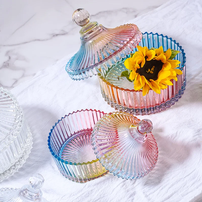 

Nordic Retro Transparent Sugar Cube Princess Glass Storage Jar Striped Candy Box Jewelry Box Modern Home Decoration Accessories