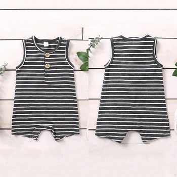 

Newborn Baby Summer Striped Bodysuits Boys O-Neck sleeveless button jumpsuits Cotton outfits 3-18 months kid boys clothing D30