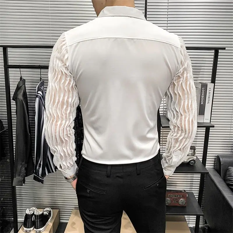 Men Casual Shirt Sexy Tassels Groomsman Shirt Long Sleeve Lace Party Bar Casual Spring Autumn Outdoor Collared Dance Korean Men Blouses