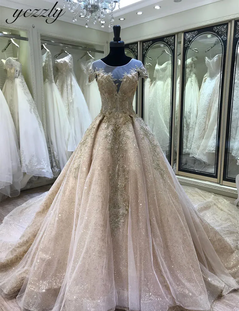 Abiti Da Sposa роскошное блестящее бальное платье с кружевом, бисером, кристаллы для свадебного платья с рукавами, цвета шампанского, золотого, арабского цвета, платье для невесты YW90