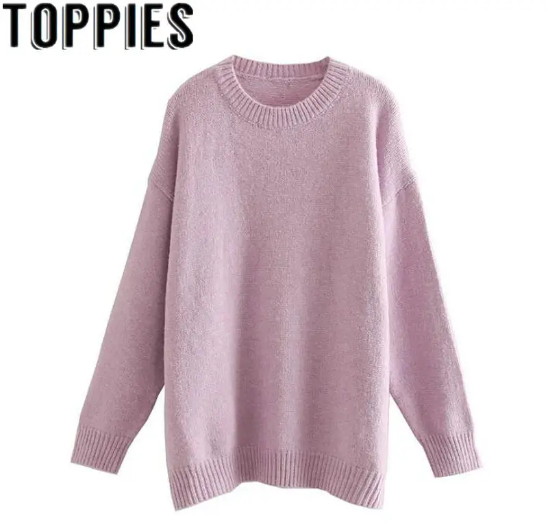 

2019 Autumn Winter Women Purple Jumpers O-neck Oversize Knit Pullovers Female Solid Color Sweater