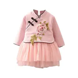 Сетчатое платье с цветочным узором и длинными рукавами в стиле пэчворк; Детский сарафан; осеннее Повседневное платье для маленьких девочек