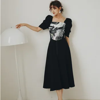 

LANMREM Butterfly printed bubble puff sleeves sqaure collar printting high waist A-line bottoms black pullover dress WM08801