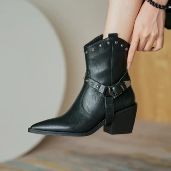 

2020 New Brand women boots pointed toe square heel autumn winter boots short ladies buckle Western ankle boots for women