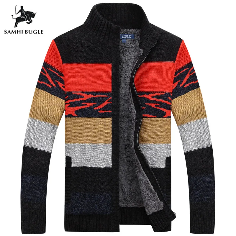 ^*Best Offers Brand Sweater Cardigan Men 2019 Winter Sweater Men Pattern Striped Zipper Thicken Fleece Coat Agasalho Masculino