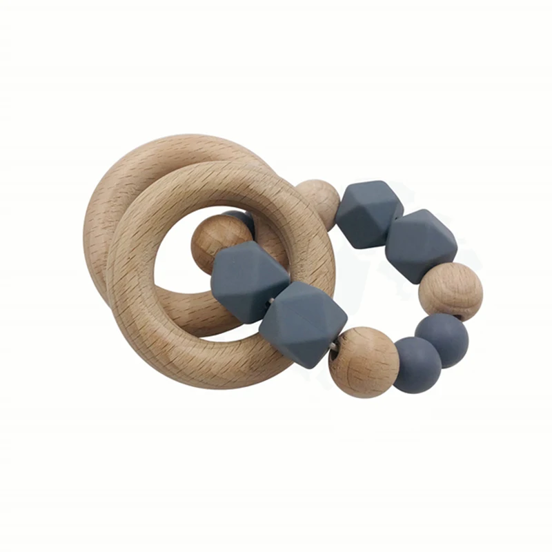 Baby Teether Bracelet Beech Wooden Ring Natural Teething Grasping Toy Silicone Bead Toddler Teether Newborn DIY Baby Gift
