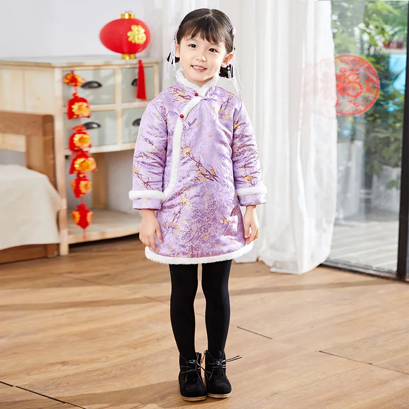 New Children Girls Cheongsam Chinese Style Long Sleeve New Year Flower Embroidery Dress Thick Winter Girls Warm Dress 2-12Y