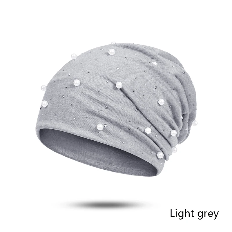 light gray Модная однотонная женская шапка с жемчугом, зимняя женская шапка, мягкая шапка, теплая хлопковая шапка с капельками - Цвет: light gray