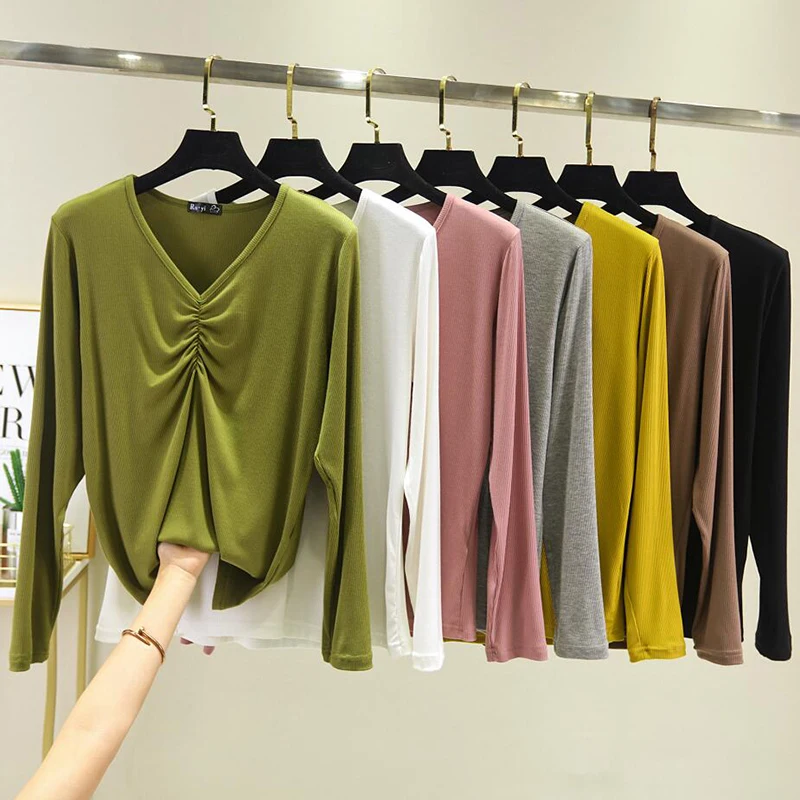 modal long sleeve solid V-neck t-shirt women high stretch slim tops 2020 spring autumn Loose Basic Bottoming tshirt Plus size | Женская