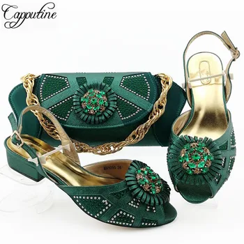 

Fashionable dark green medium heel African pump shoes matching with bag set for party MM1095, heel height 3.6cm
