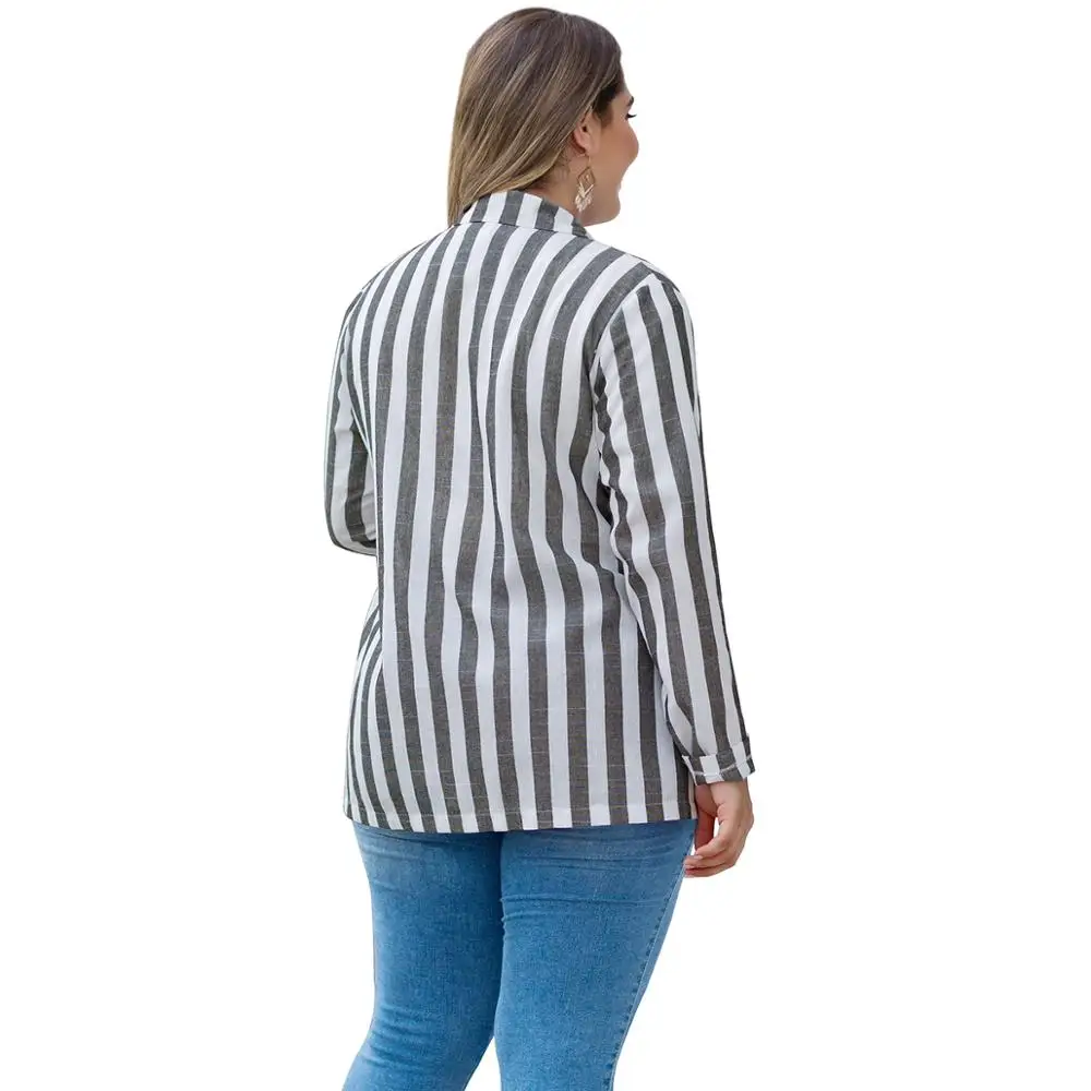 Плюс XL-4XL женский белый серый полосатый длинный рукав Блейзер Куртка Модный повседневный офисный Свободный Повседневный костюм большой размер