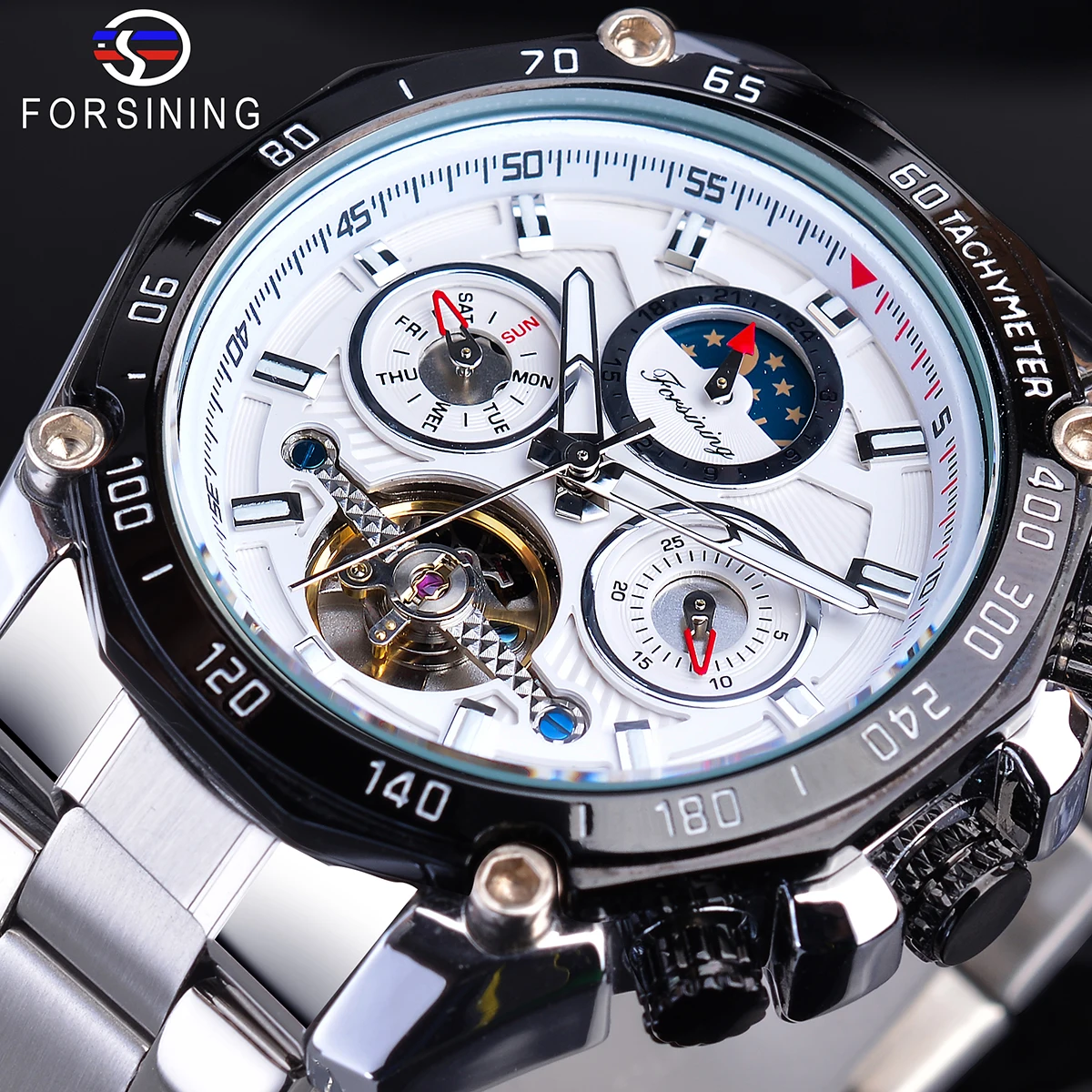 

Forsining Automatic Men Sport Watch White Tourbillon Mechanical Self-Wind Date Moonphase Steel Band Male Clock Relogio Masculino