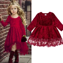 Коллекция года, велюровые платья винно-красного цвета для девочек кружевные Зимние Детские платья для девочек, рождественское платье модные платья для детей возрастом от 2 до 4 лет, D30