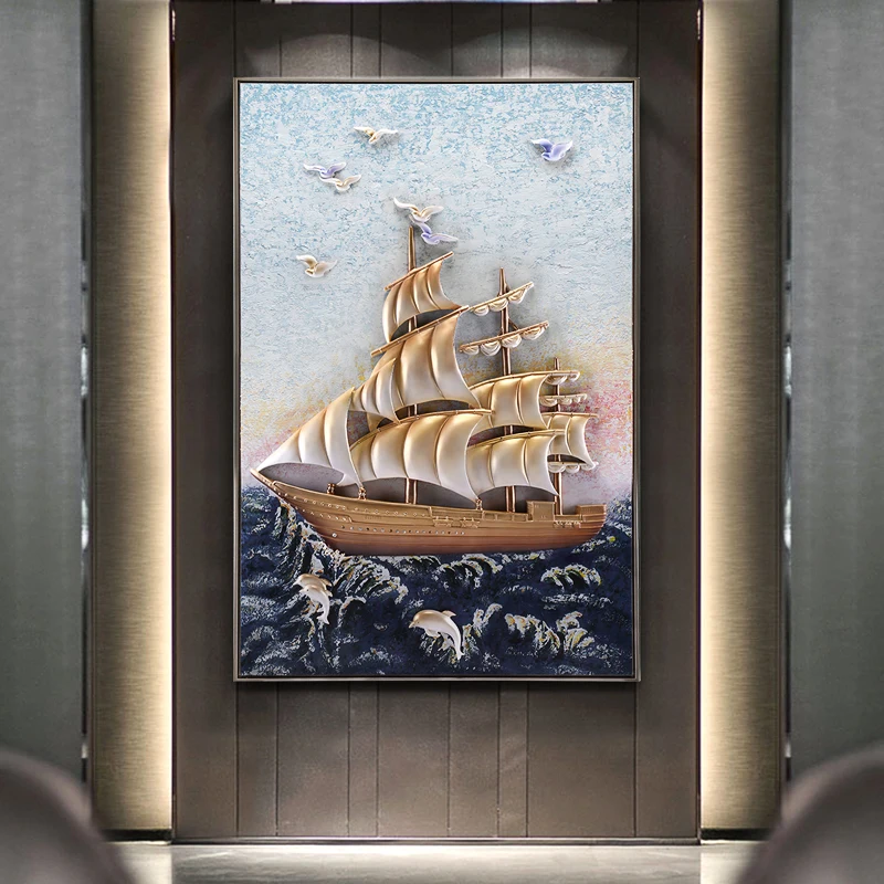 Smooth Sailing Porch Decorative Painting Atmosphere Home Lucky Feng Shui Into The Door Vertical Sailboat 3d Embossed Painting