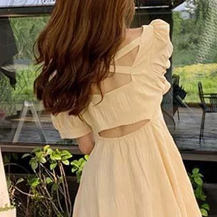 Dress Women Yellow Sweet Square Collar Female Lovely Back Hollow Out Vintage Elegant Puff Sleeve A-line Two-length Girls Empire formal dresses