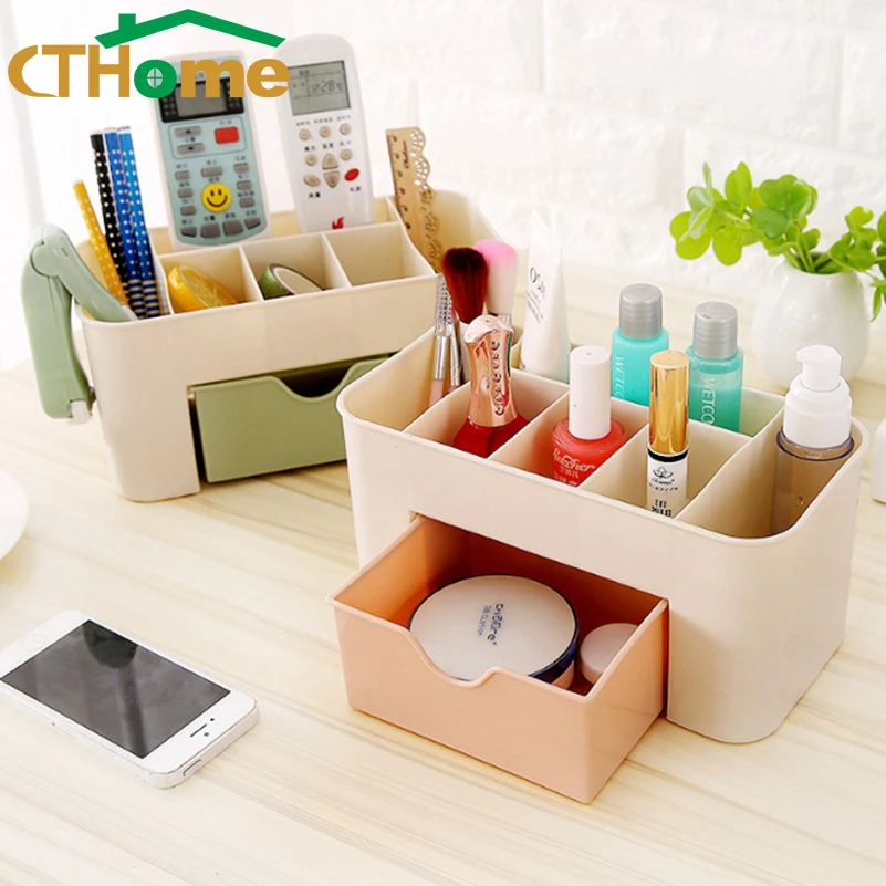 

CTHome Pink Blue Green Plastic Makeup Organizer Make Up Brush Storage box with Drawer Cotton Swabs Stick Storage case