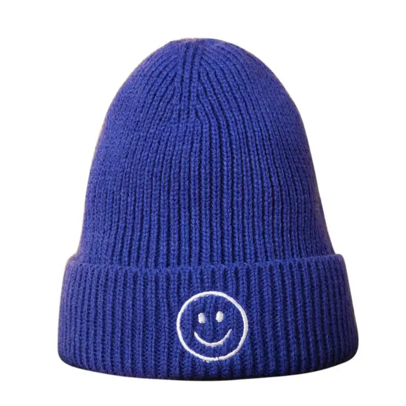 Dark Blue Jocstyle, карамельный цвет, детская вязаная шапка, Осень-зима, теплая шапка со смайликом, хорошая эластичность, с манжетами, детская шапка, аксессуары для головы - Цвет: Dark Blue