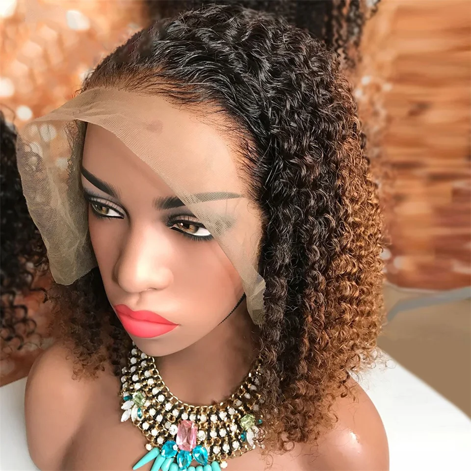 

Ombre Brown Kinky Curly Lace Front Human Hair Wigs For Women Short Bob Brazilian Remy Lace Closure Wig 1B/30 Lace Front Wig 25%