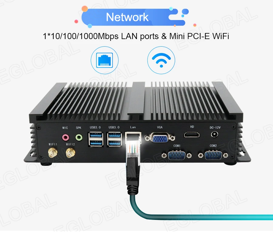Eglobal Industrial Fanless Mini PC with I5 6300U, I7 10510U, Windows 7/8/10, VPN Router, VGA, HDMI, 4G, WiFi, BT Description Image.