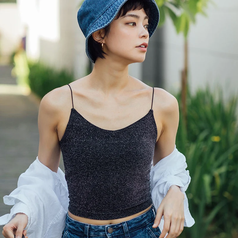 

Sexy Women's Camisole Fashion Sequins Tank Top Summer V Neck Padded Underwear Top Rk #E