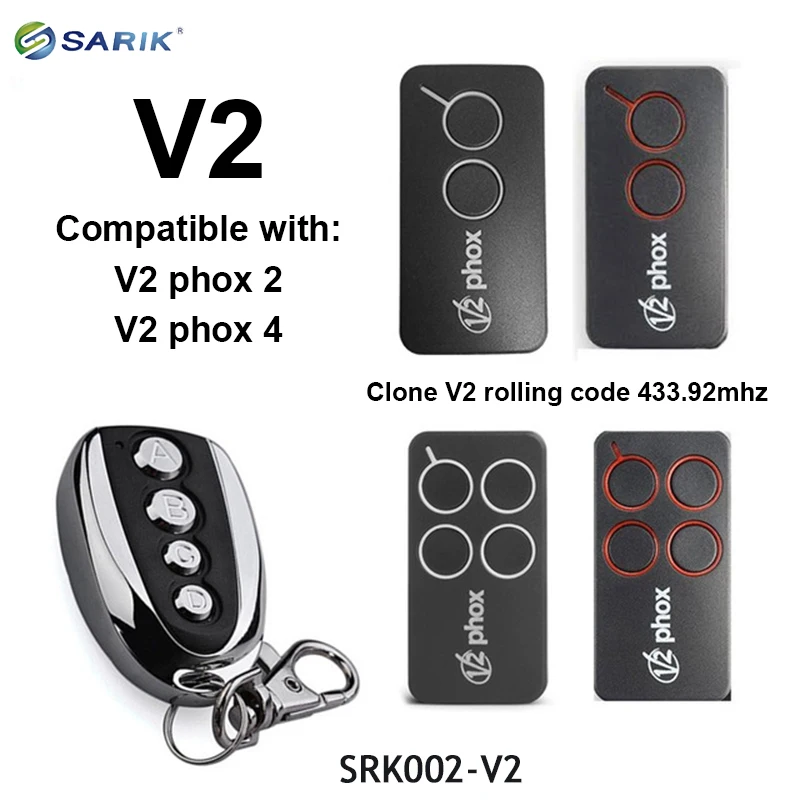 

V2 PHOX2,V2 PHOX4 433.92mhz Rolling Code Remote Control with Battery V2 garage command handheld transmitter