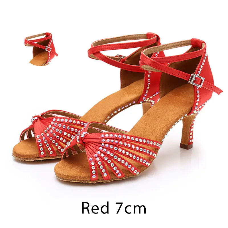 Red1 7cm Для женщин Туфли для латинских танцев; блестящие стразы Для женщин Бальные Танцы обувь вечерние Сальса флэш-памяти, высокий каблук 5/7 см атласная блестящие сандалии - Цвет: Red1 7cm