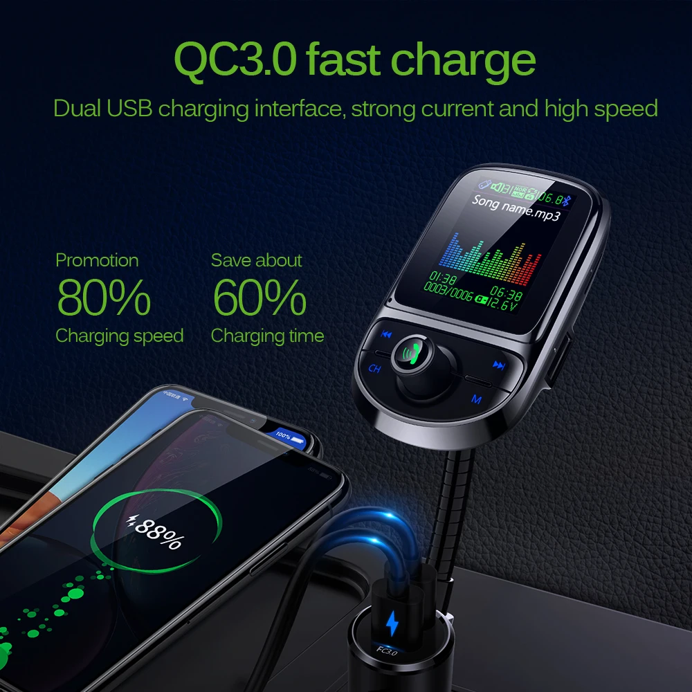 Автомобильный fm передатчик Onever с цветным экраном HIFI поддержка USB TF карты Bluetooth 5 0