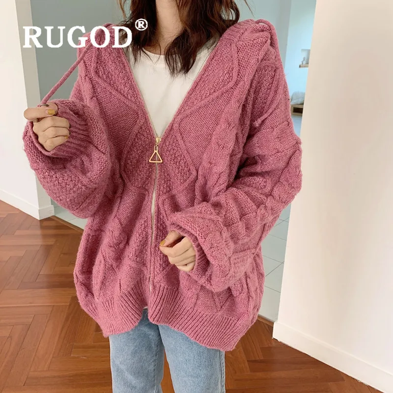 RUGOD модное трикотажное пальто с капюшоном для женщин классический твист узор рукав "летучая мышь" Толстая куртка женская зимняя Весенняя вязаная куртка