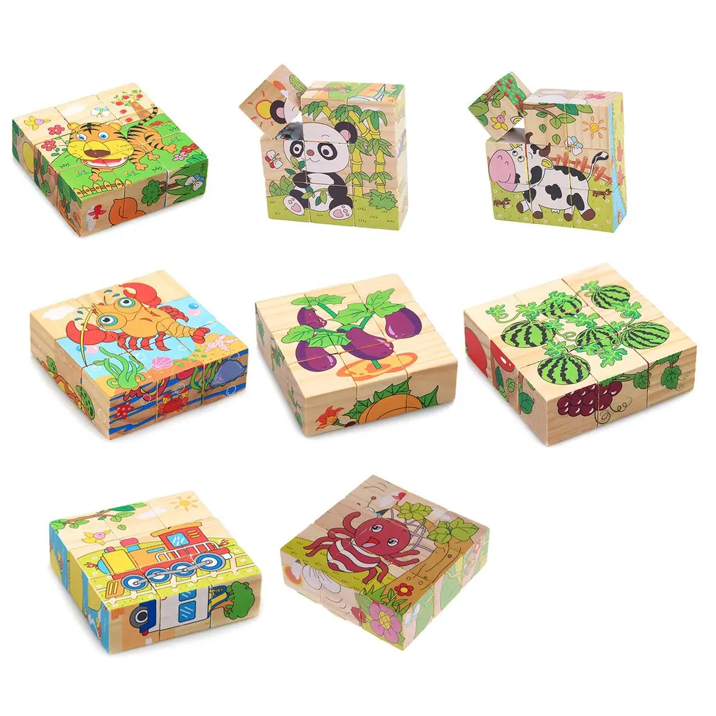 1 шт., девять блоков, шестисторонняя 3D головоломка, кубики, блоки, животные, деревянные игрушки для детей, детские развивающие игрушки, забавные игры GYH