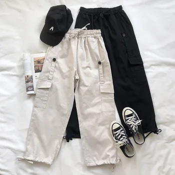

Cargo Pants Pocket Button Drawstring Design Loose Slim Casual All-match Elastic Waist Casual Pants
